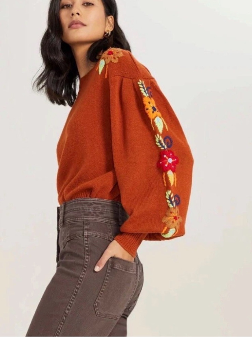 Something Navy Burnt Orange Floral-Embroidered Crewneck Sweater